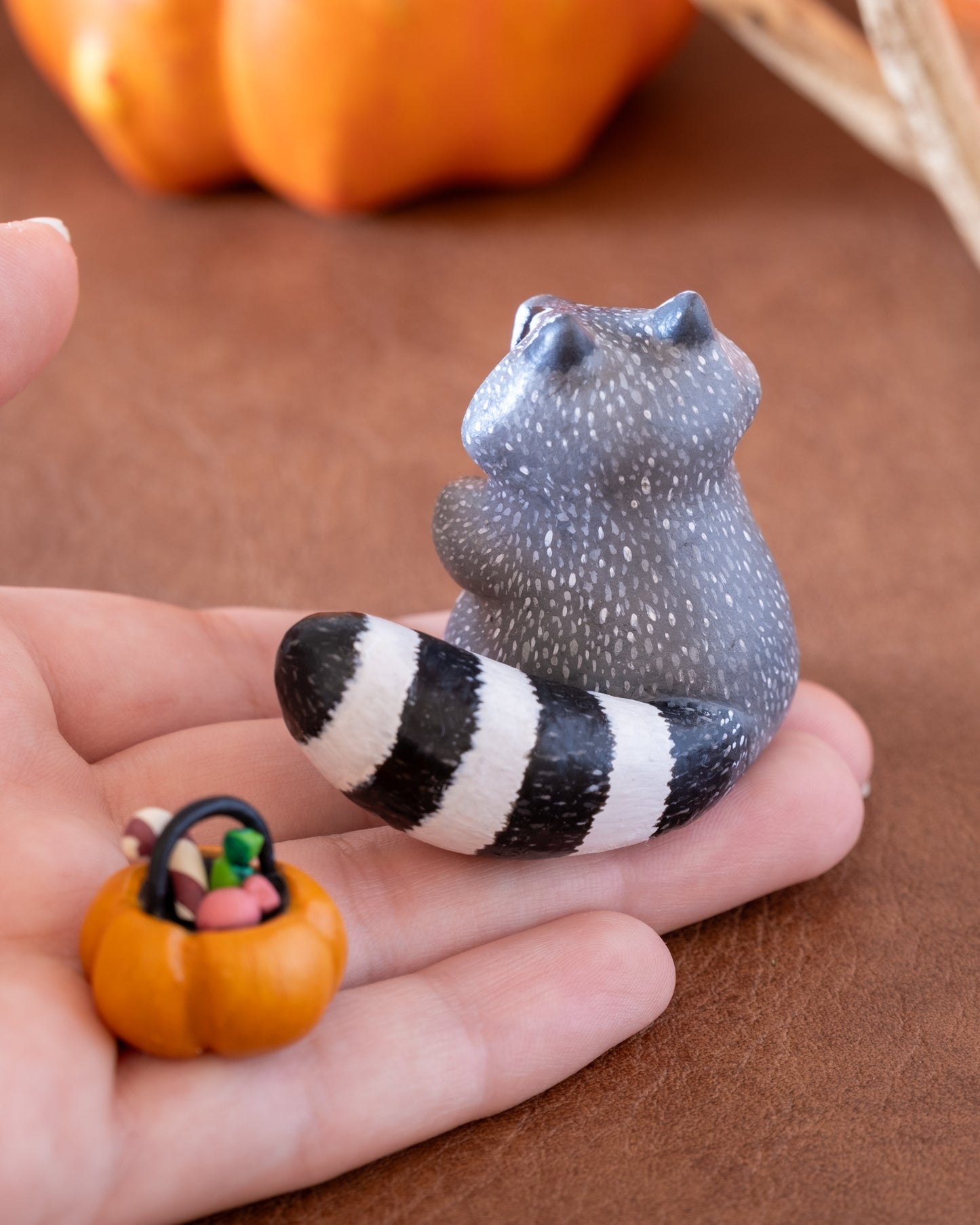 Pumpkin Raccoon Figurine in Polymer Clay