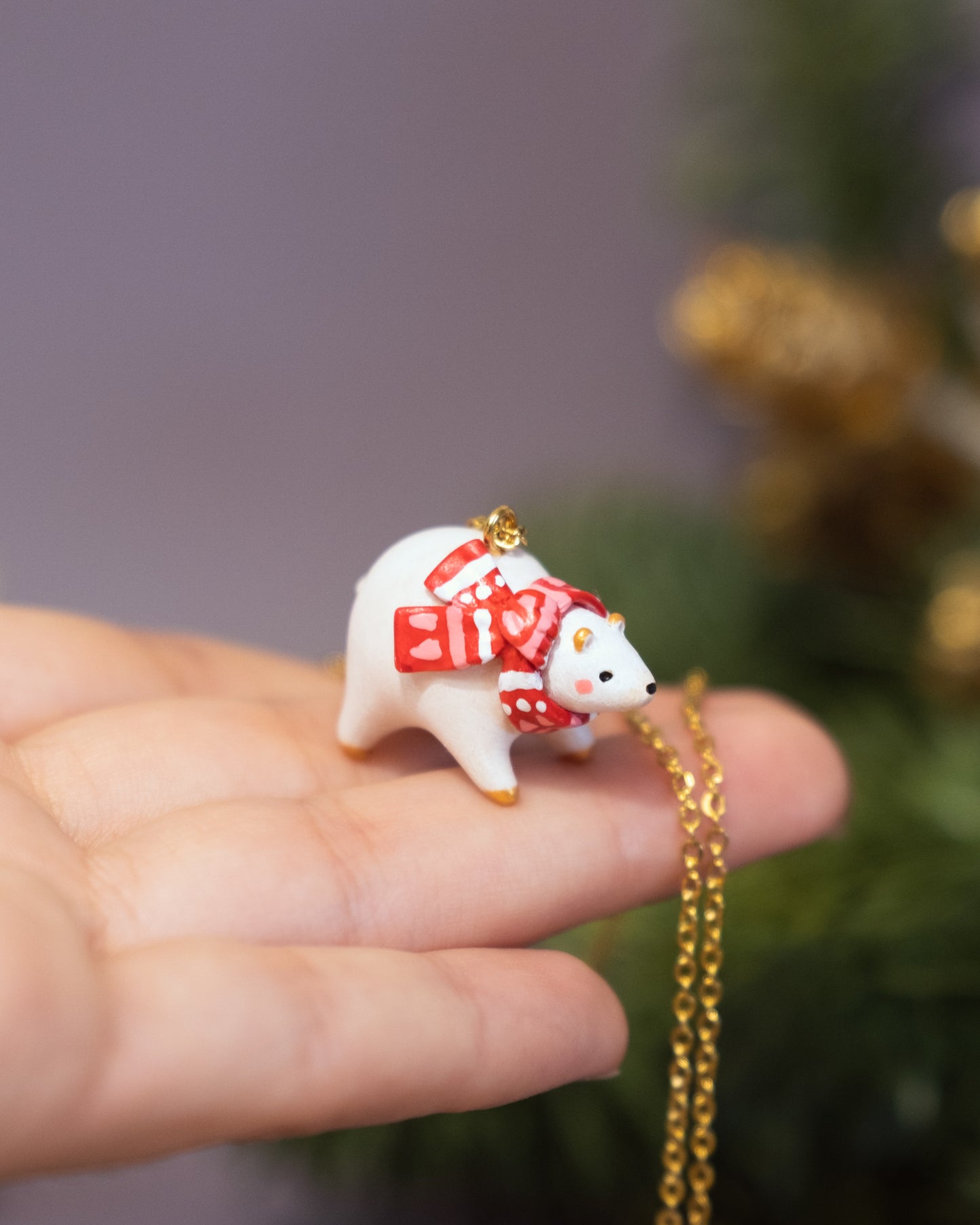 White Bear with Scarf Necklace in Polymer Clay