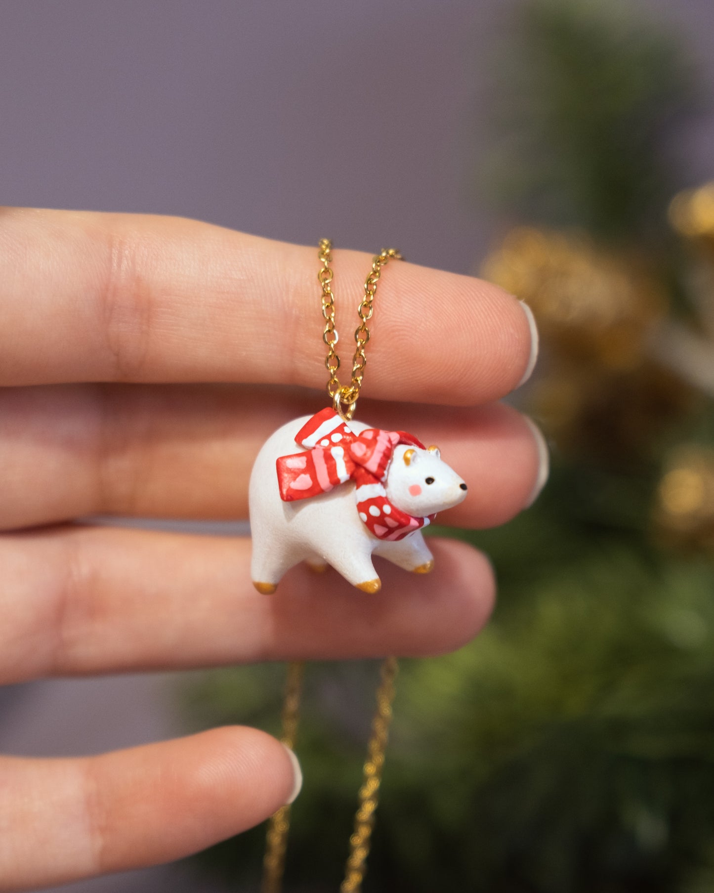 White Bear with Scarf Necklace in Polymer Clay