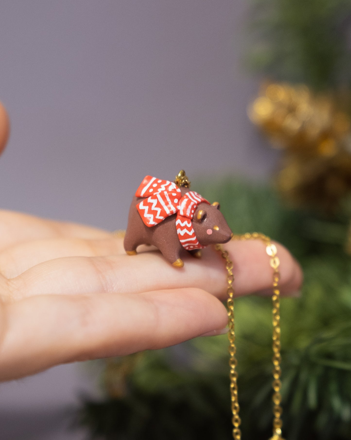 Brown Bear with Scarf Necklace in Polymer Clay
