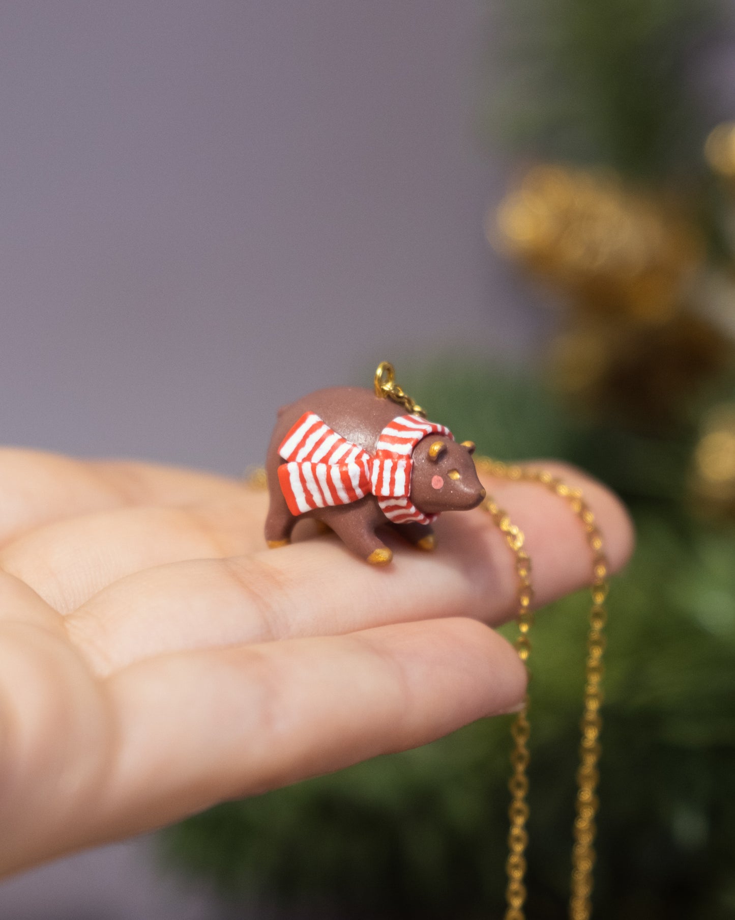 Brown Bear with Scarf Necklace in Polymer Clay