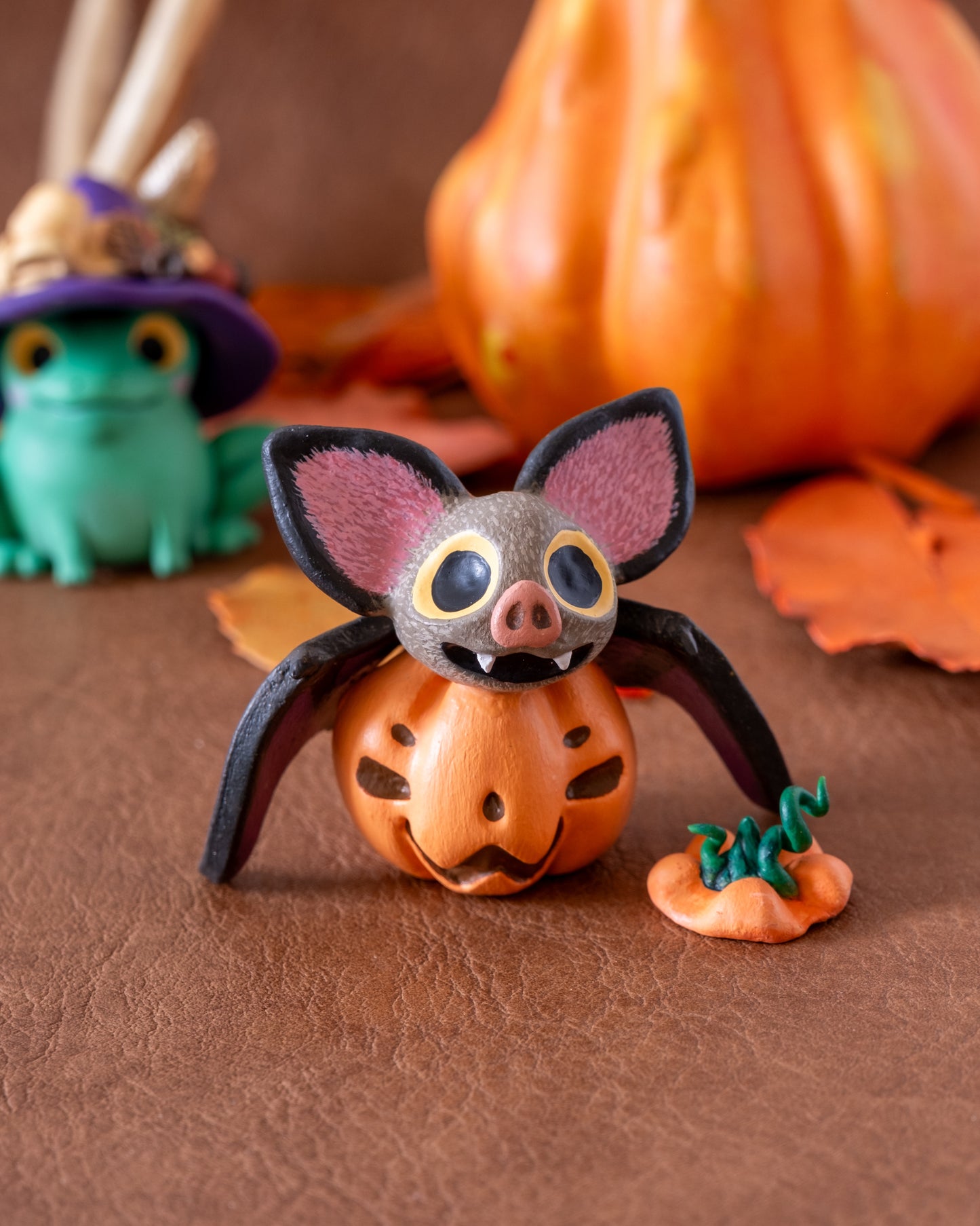 Pumpkin Bat Figurine in Polymer Clay