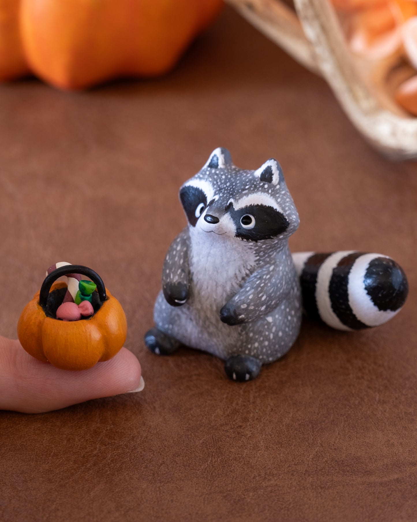 Pumpkin Raccoon Figurine in Polymer Clay