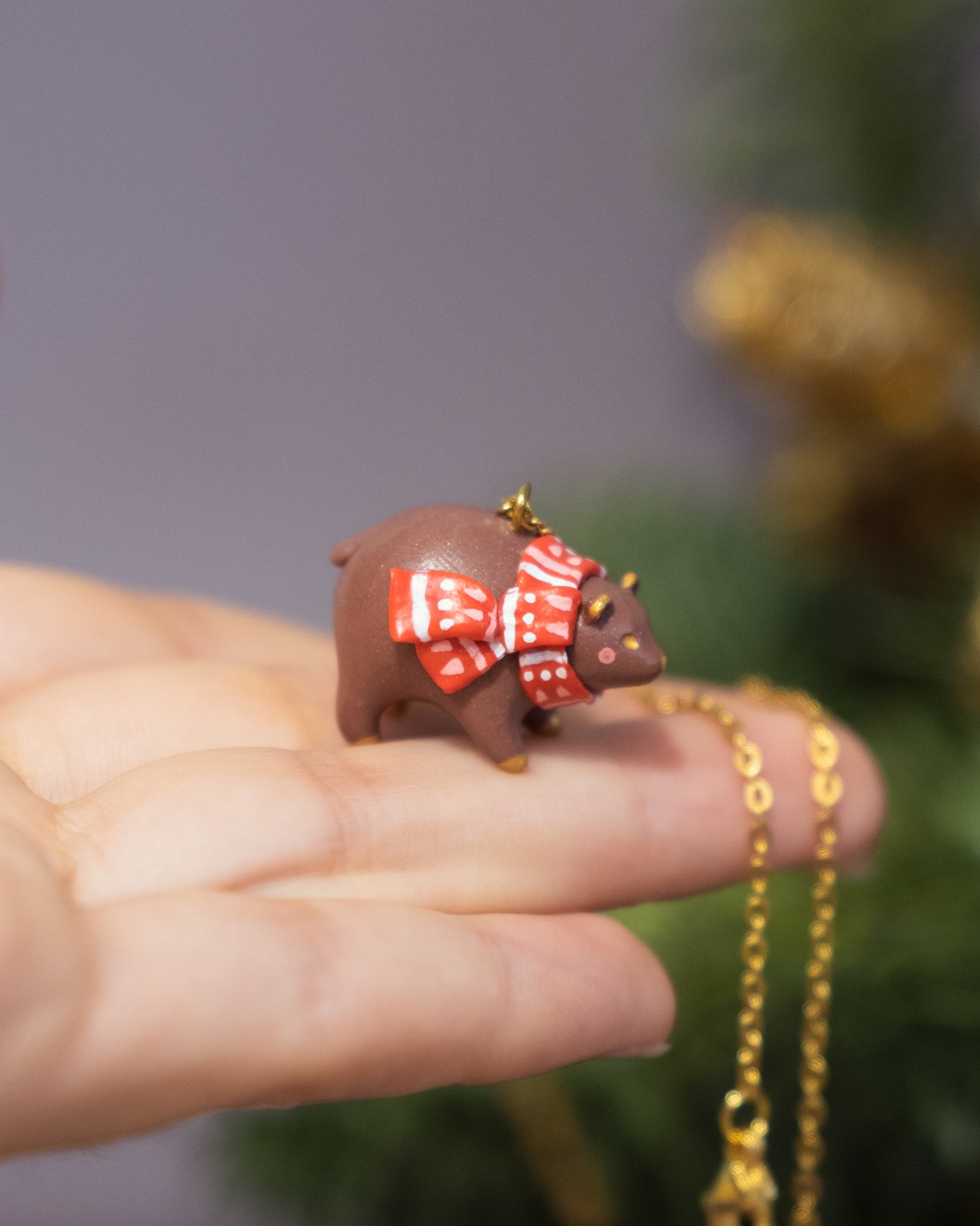 Brown Bear with Scarf Necklace in Polymer Clay