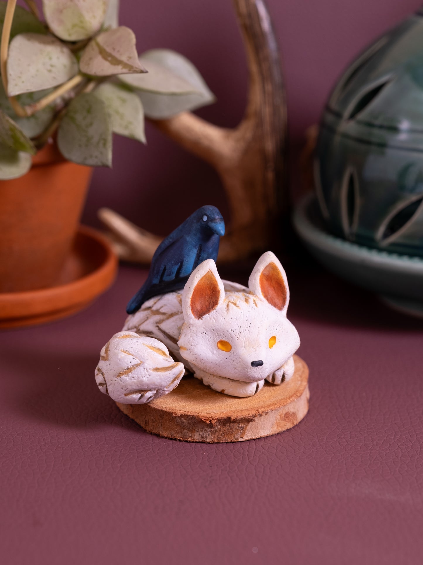 White Wolf and Crow Figurine in Polymer Clay