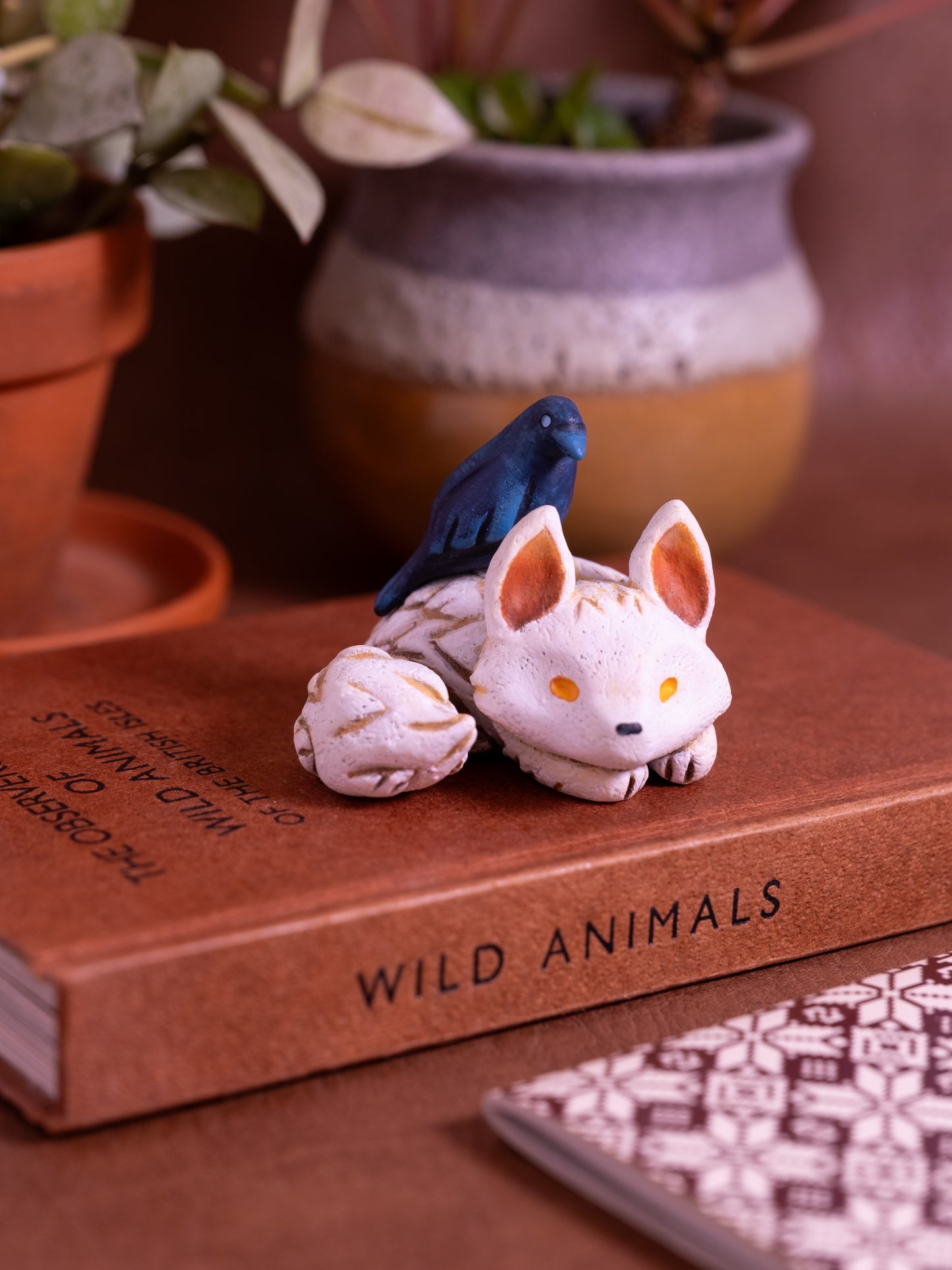 White Wolf and Crow Figurine in Polymer Clay