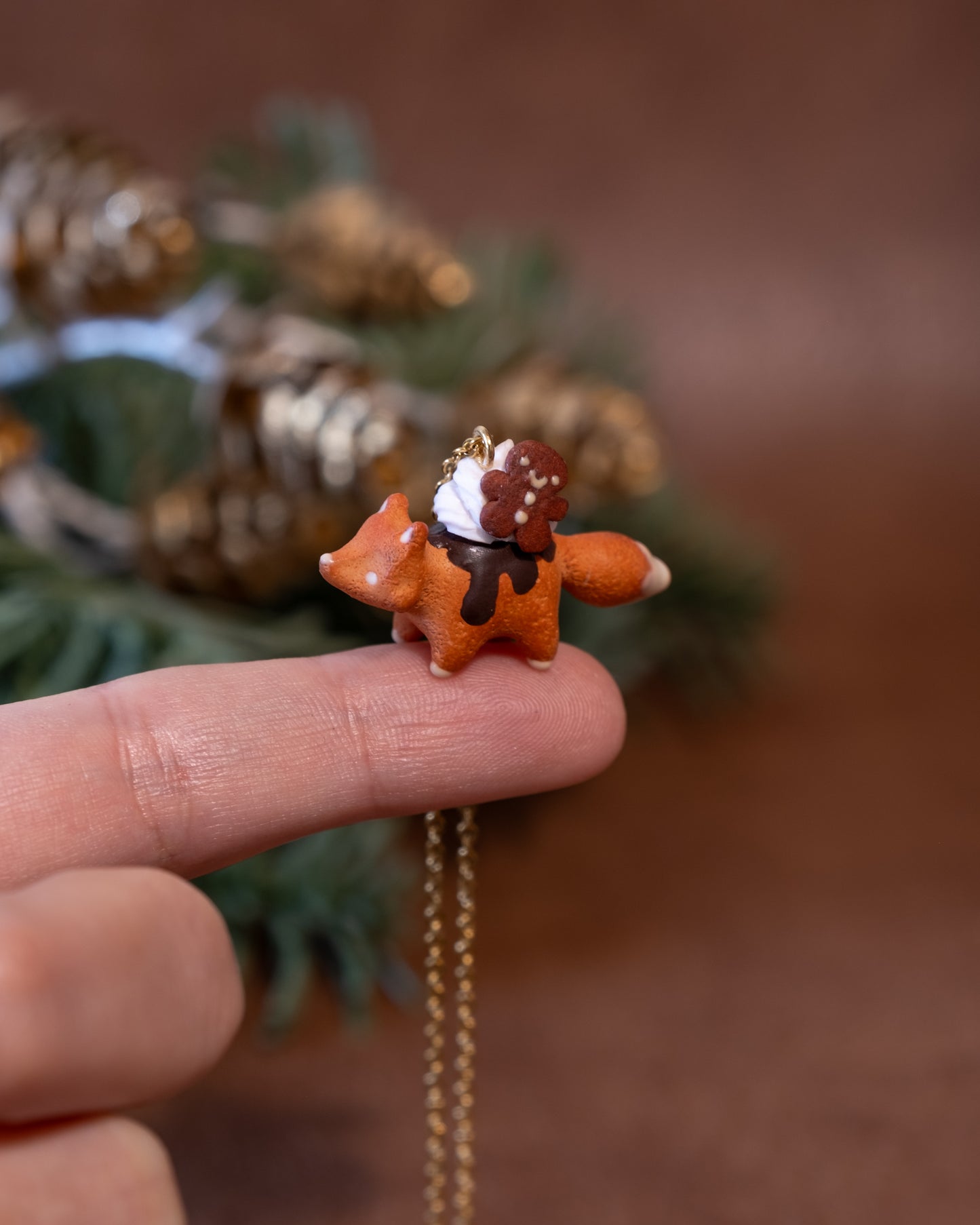 Gingerbread Fox Necklace in Polymer Clay