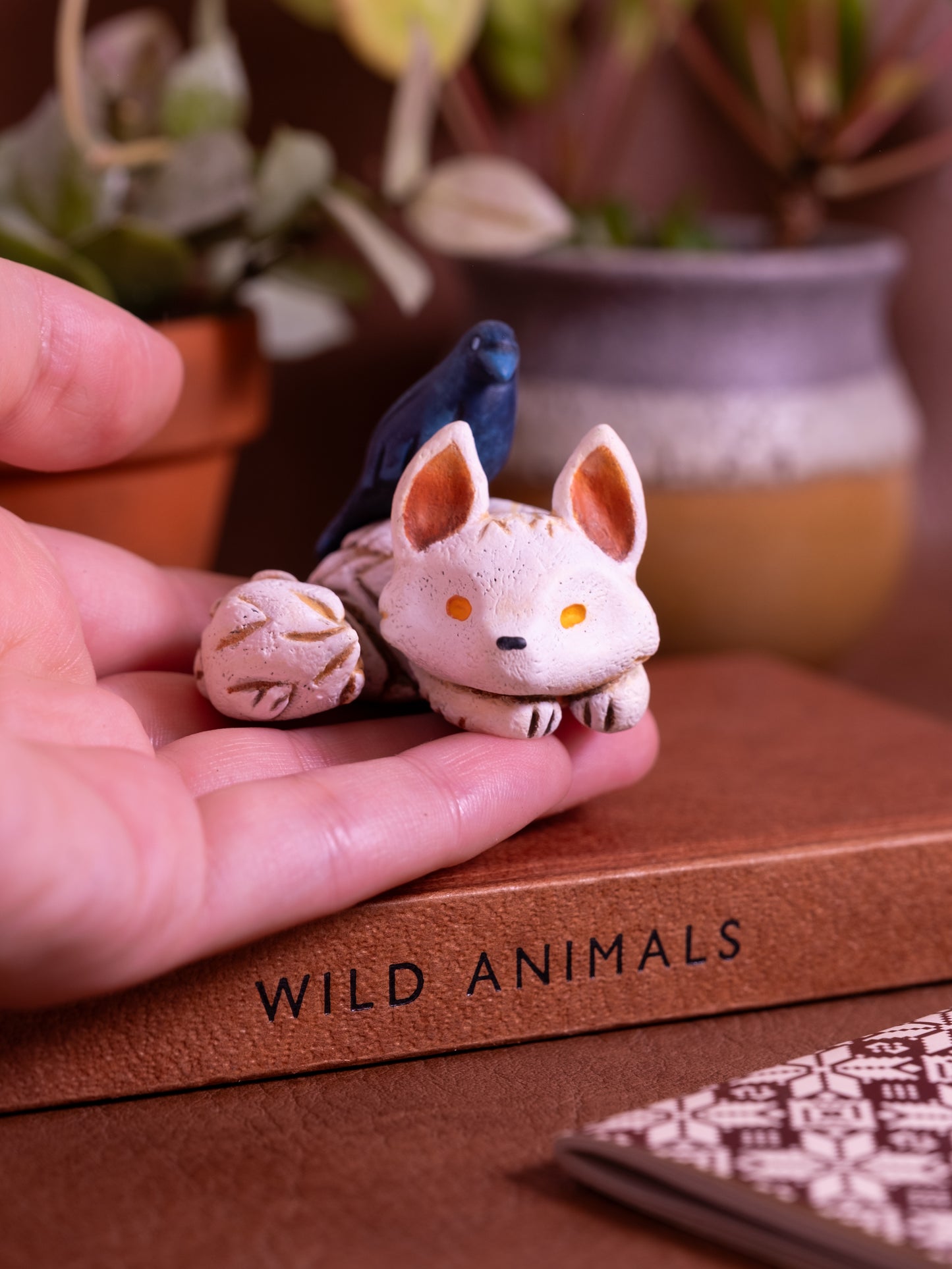 White Wolf and Crow Figurine in Polymer Clay