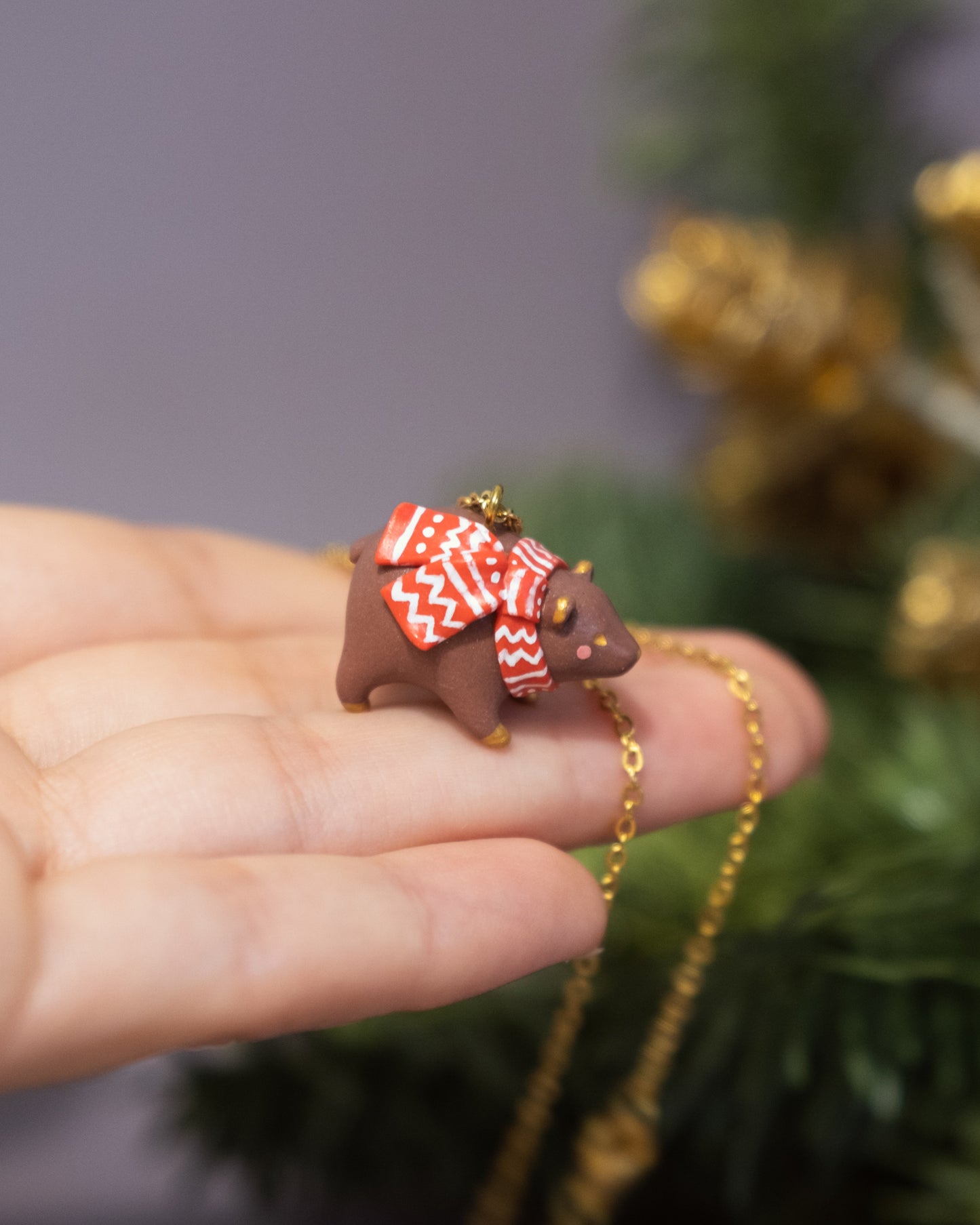 Brown Bear with Scarf Necklace in Polymer Clay