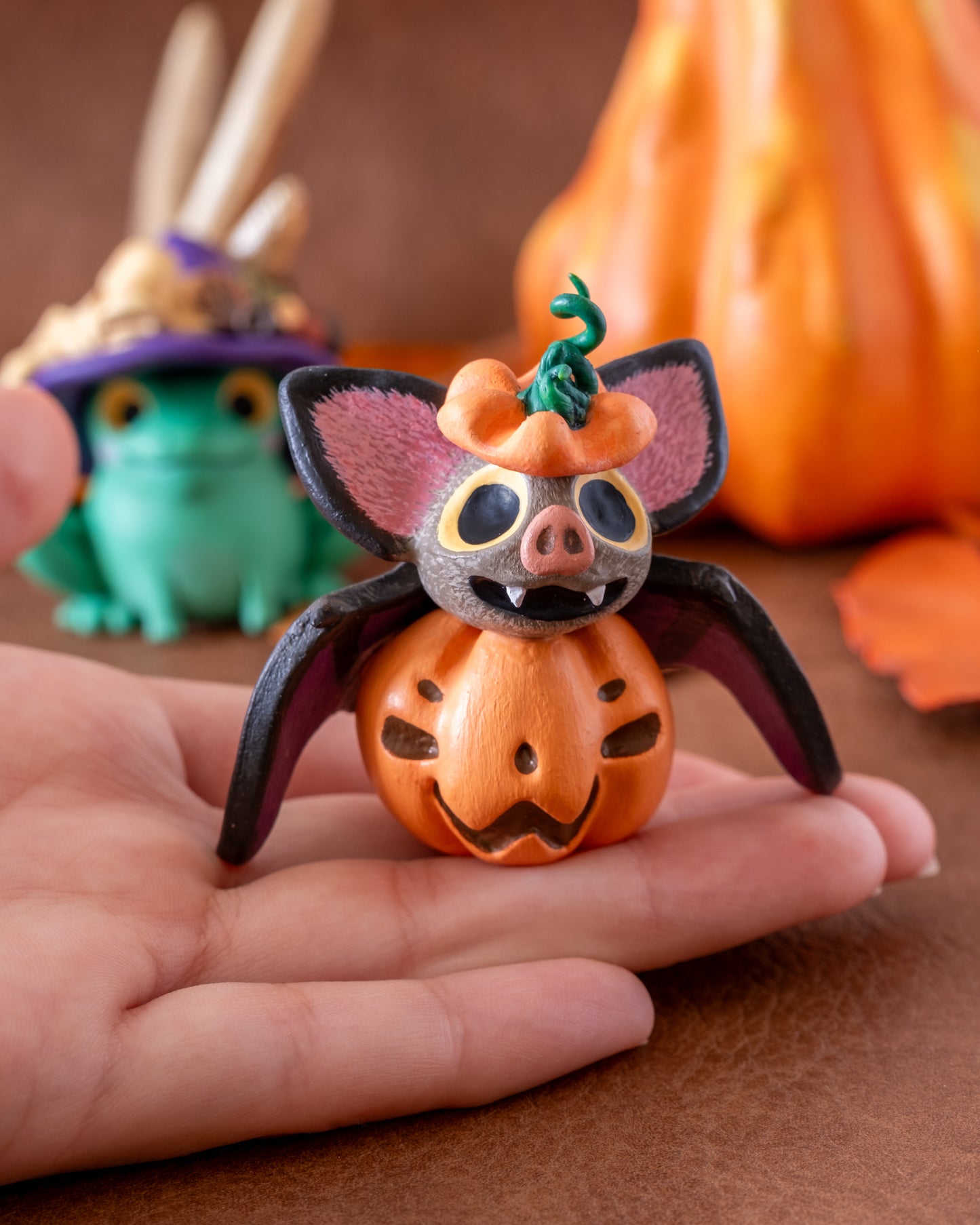 Pumpkin Bat Figurine in Polymer Clay