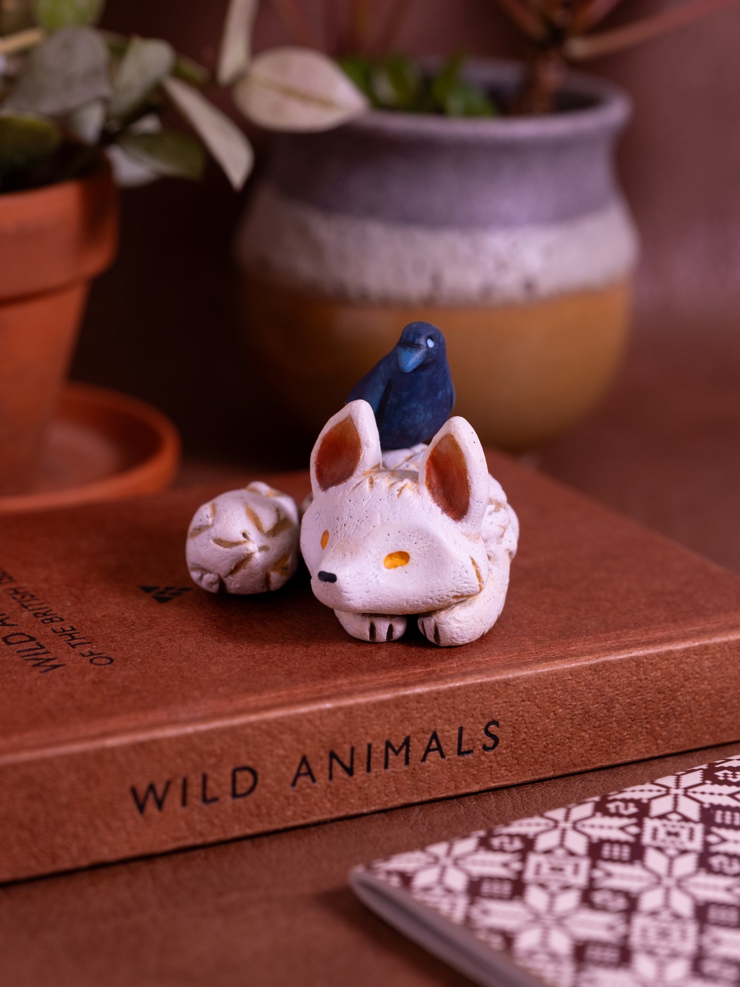 White Wolf and Crow Figurine in Polymer Clay