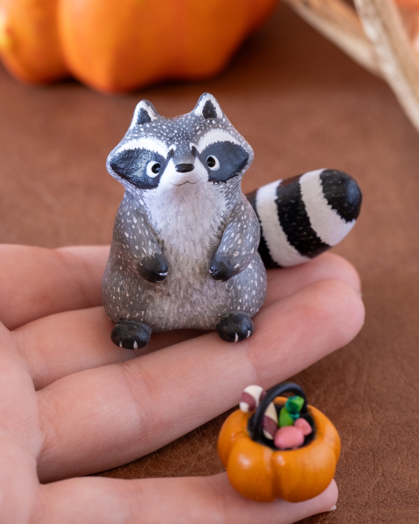 Pumpkin Raccoon Figurine in Polymer Clay