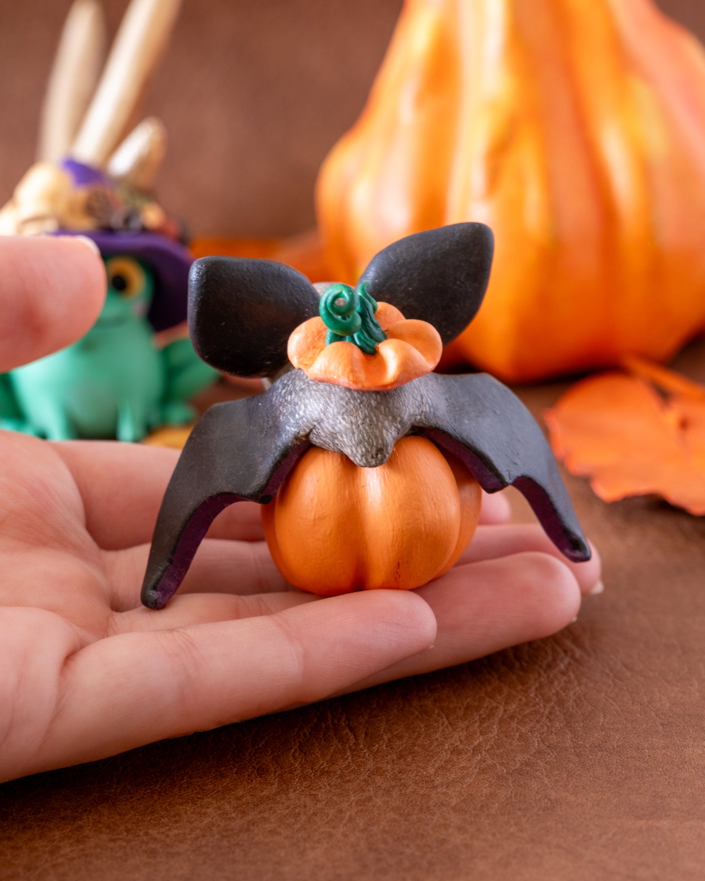 Pumpkin Bat Figurine in Polymer Clay