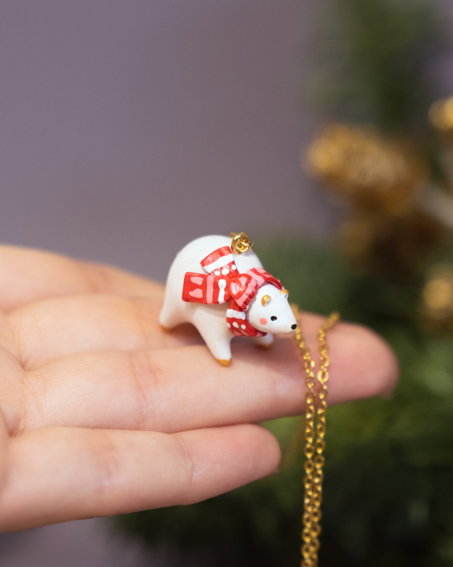 White Bear with Scarf Necklace in Polymer Clay