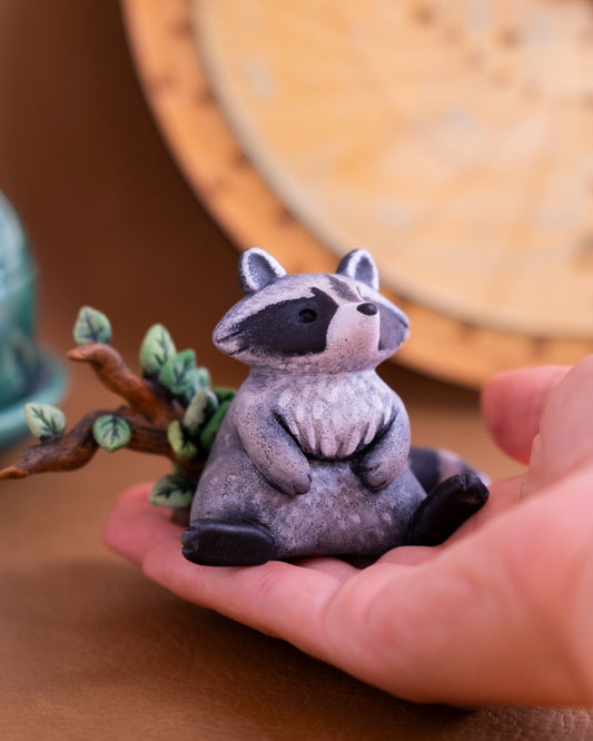 Original handmade raccoon sculpture in polymer clay, one-of-a-kind artwork - The Folky Fox