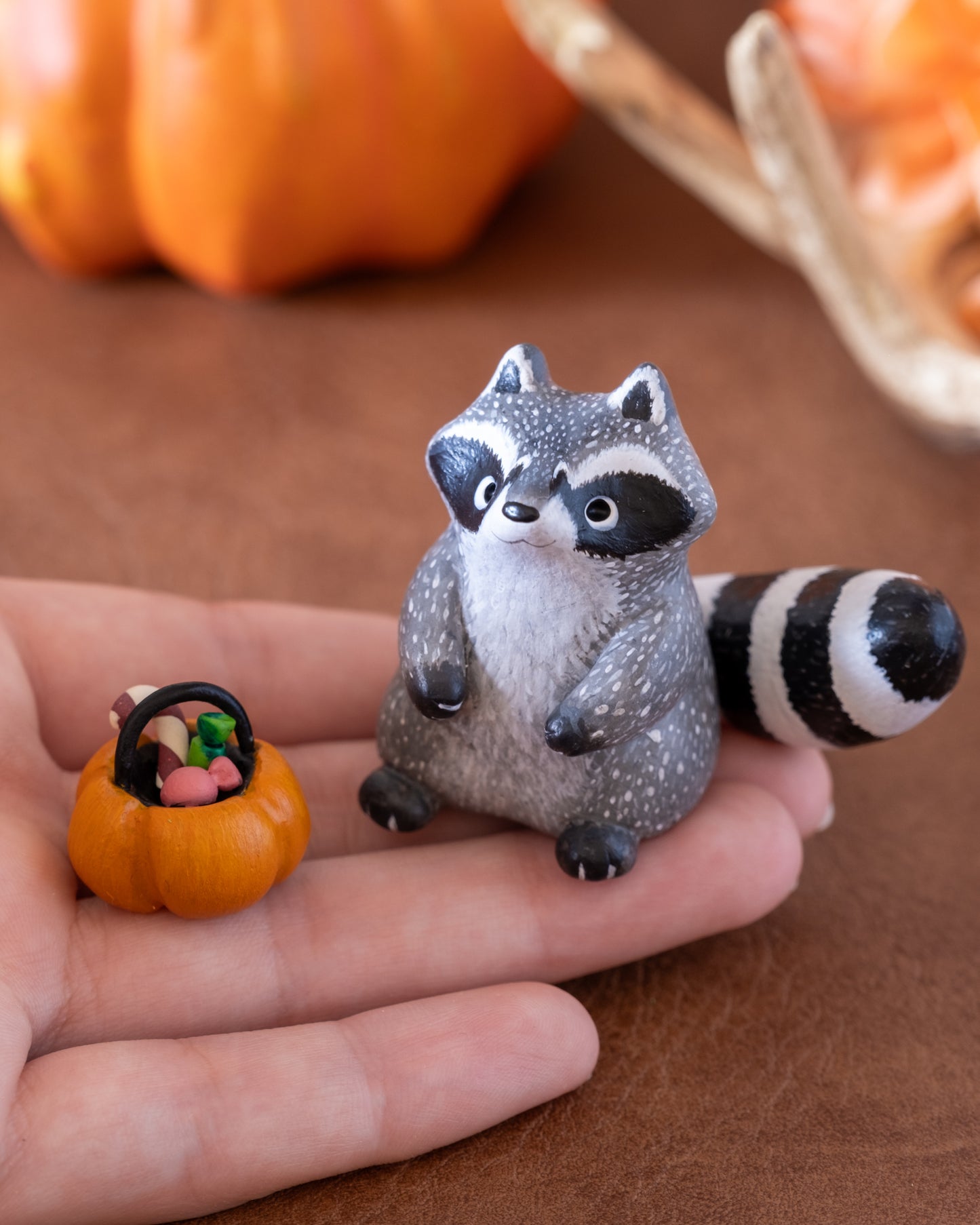 Pumpkin Raccoon Figurine in Polymer Clay