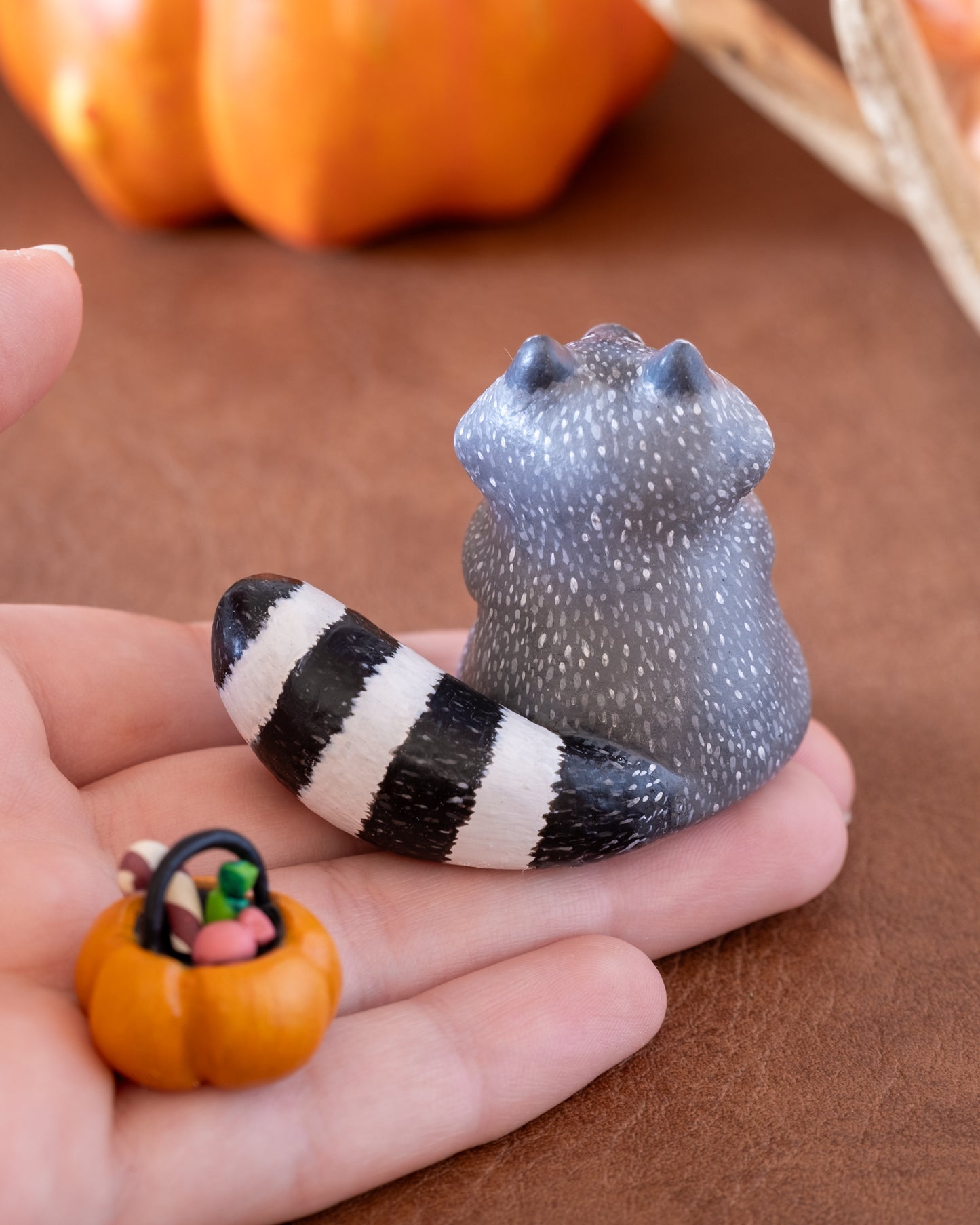 Pumpkin Raccoon Figurine in Polymer Clay
