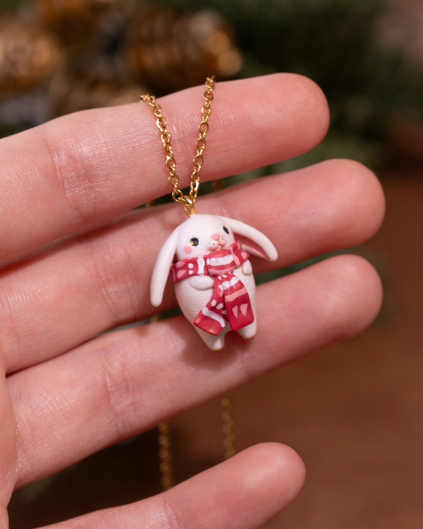 White Bunny with Scarf Necklace in Polymer Clay