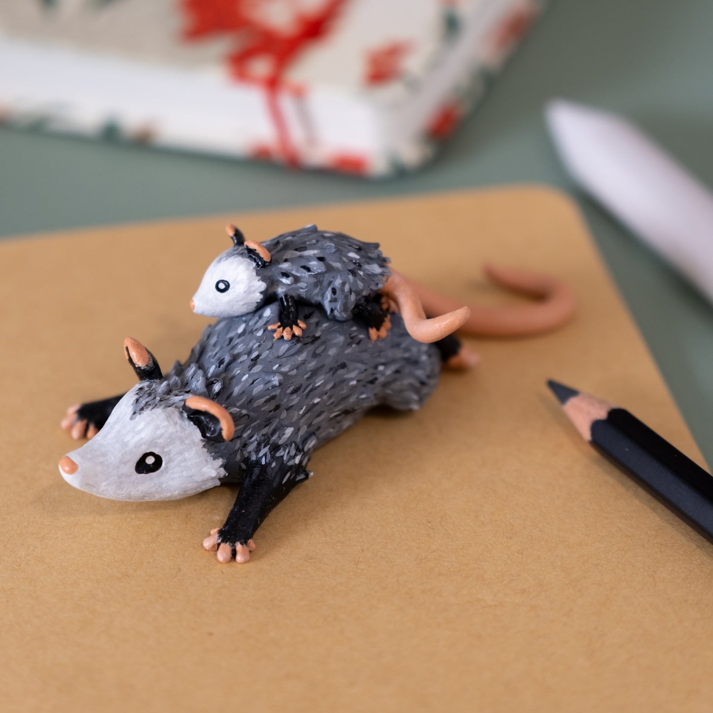 Opossum And Baby Figurine in Polymer Clay