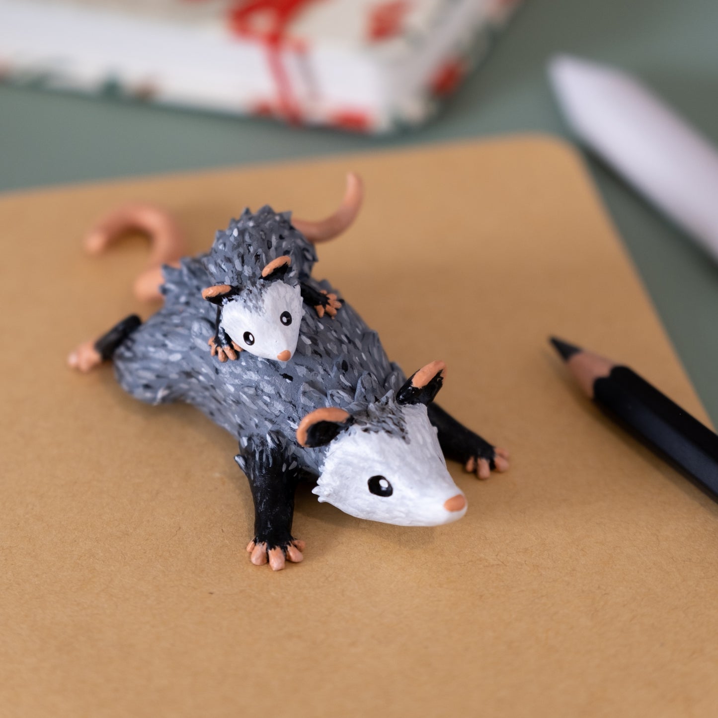 Opossum And Baby Figurine in Polymer Clay