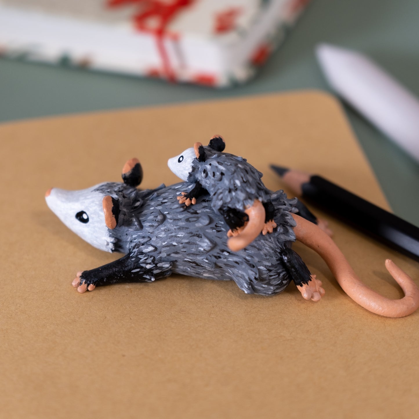 Opossum And Baby Figurine in Polymer Clay