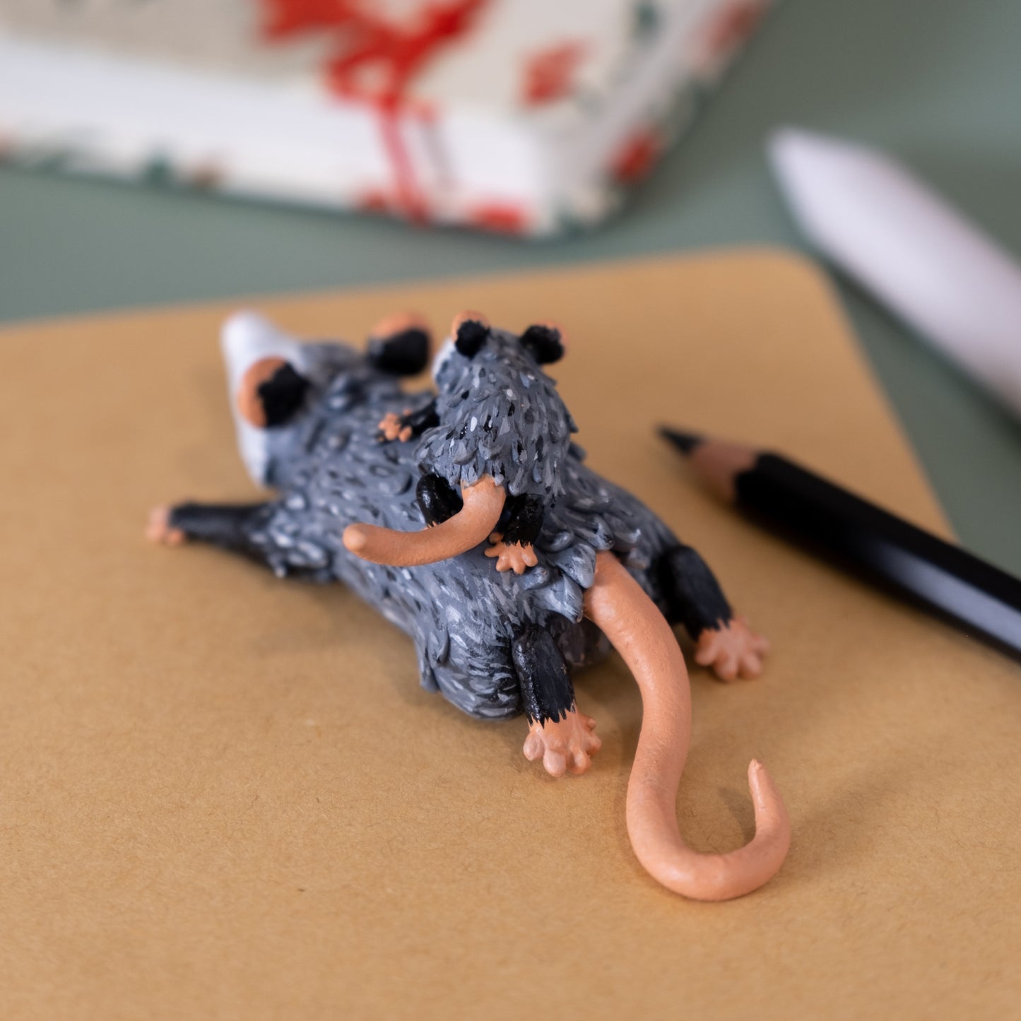 Opossum And Baby Figurine in Polymer Clay