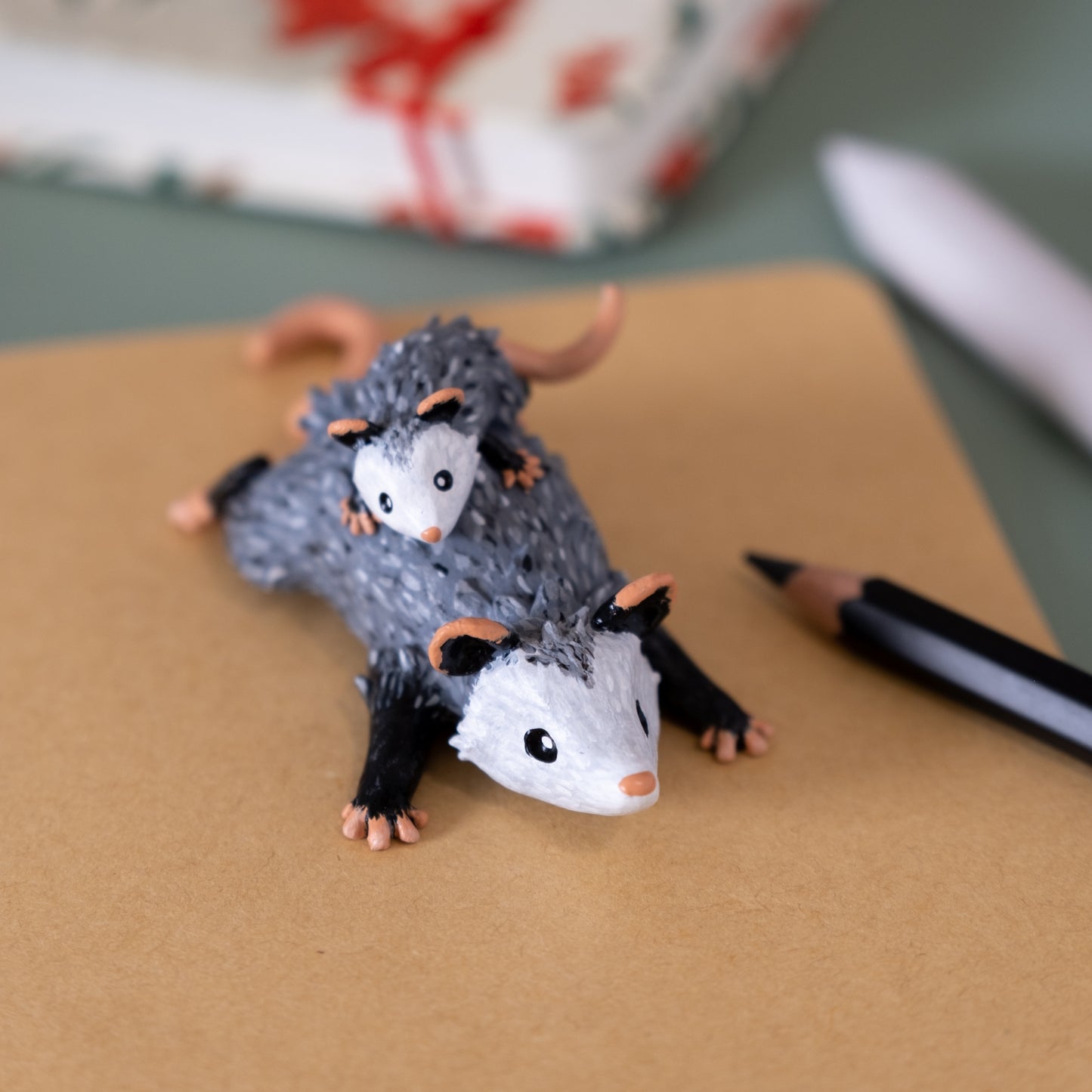 Opossum And Baby Figurine in Polymer Clay