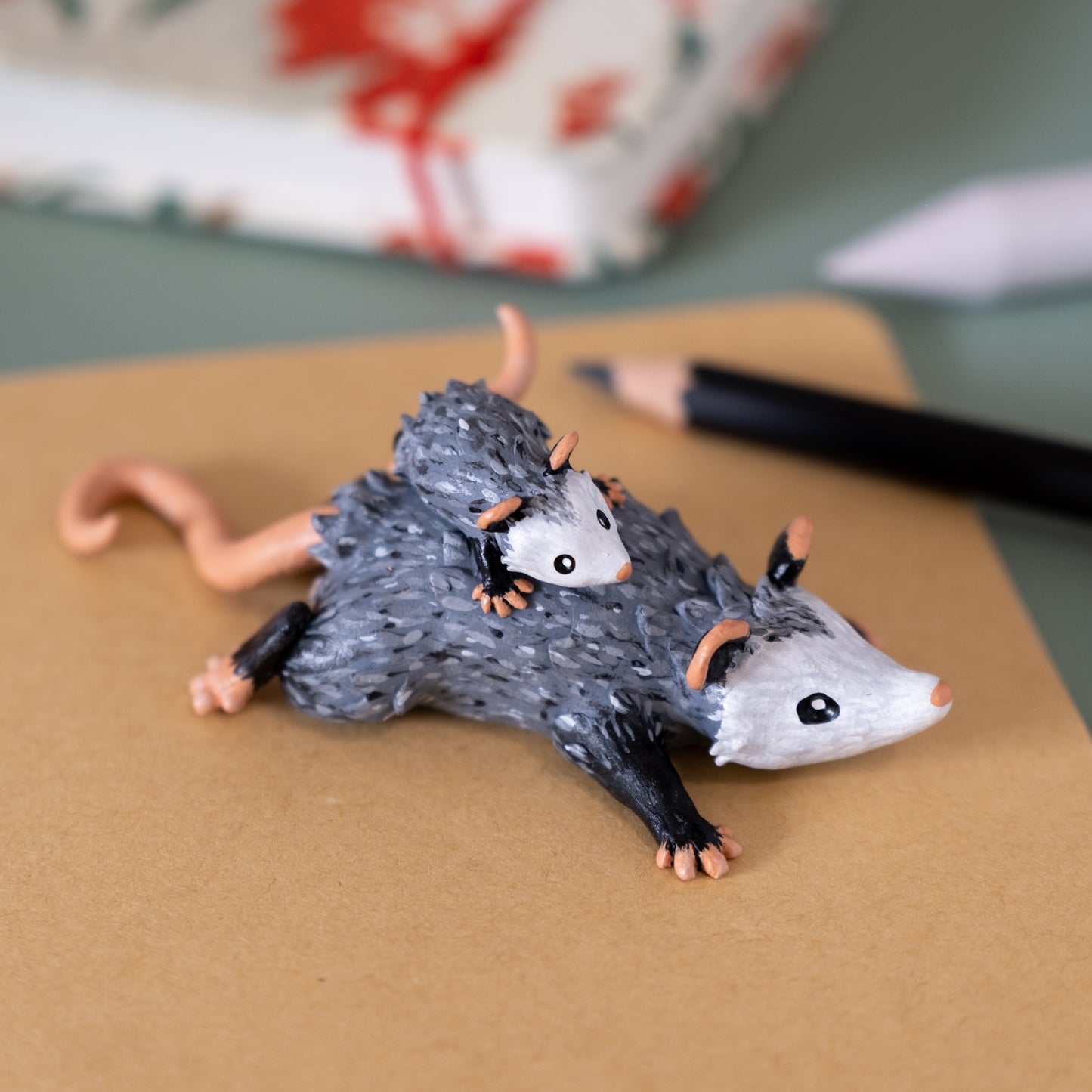 Opossum And Baby Figurine in Polymer Clay