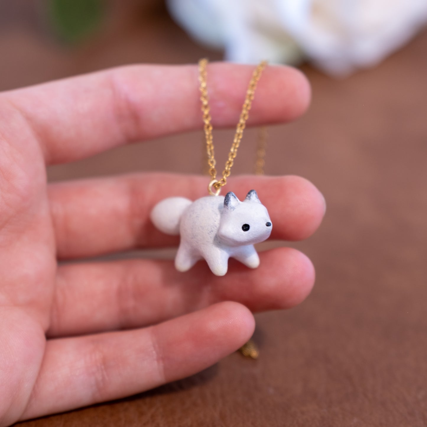 White Fox Necklace in Polymer Clay