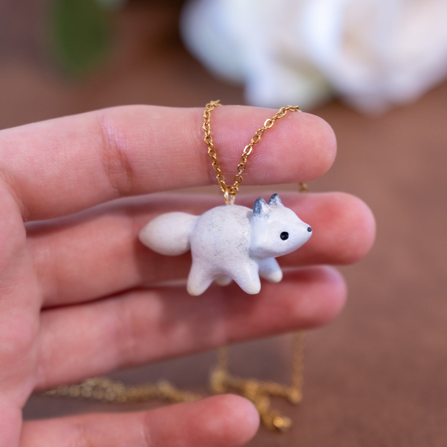White Fox Necklace in Polymer Clay