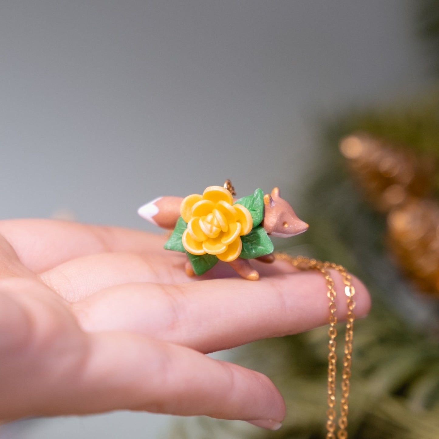 Floral Fox Necklace in Polymer Clay