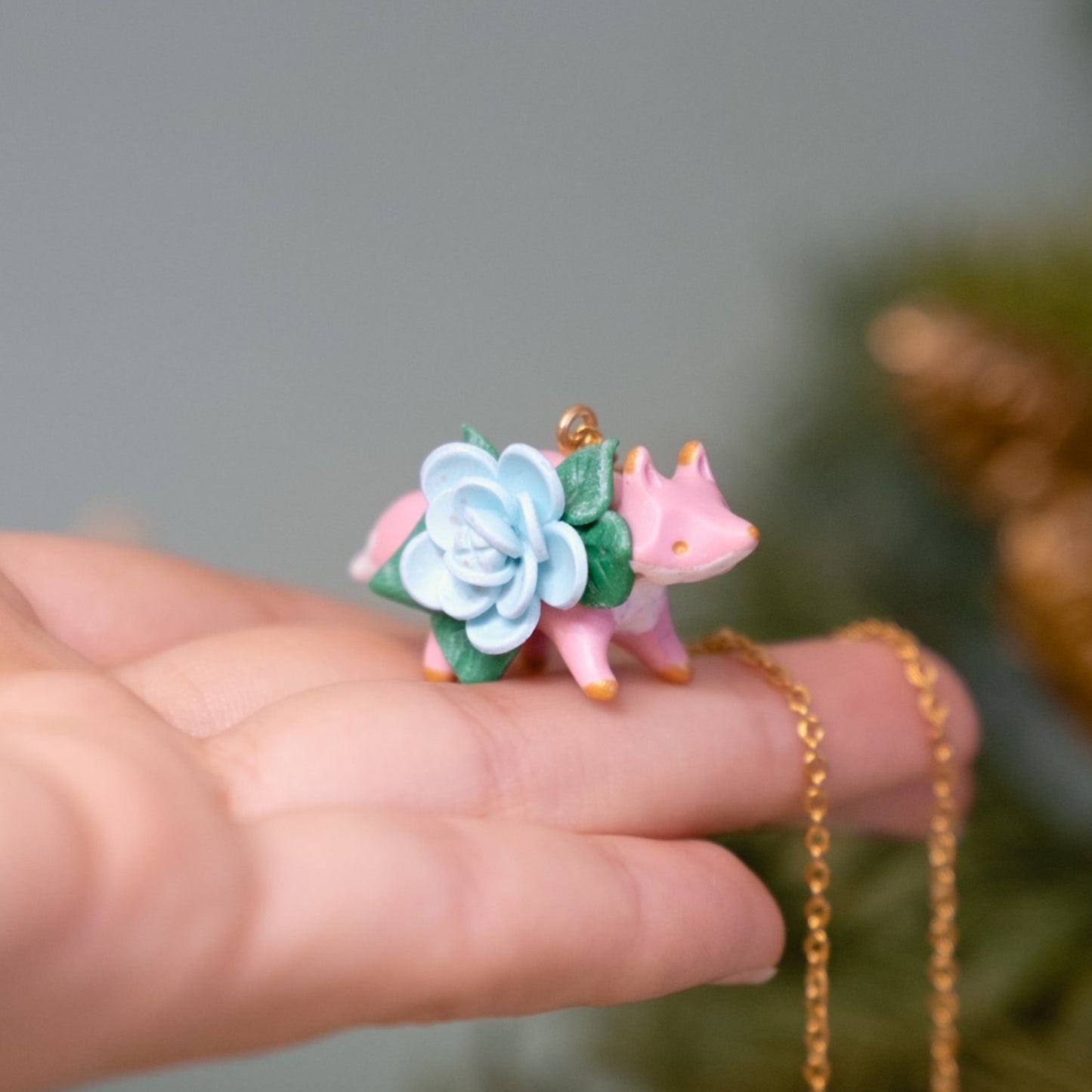Floral Fox Necklace in Polymer Clay