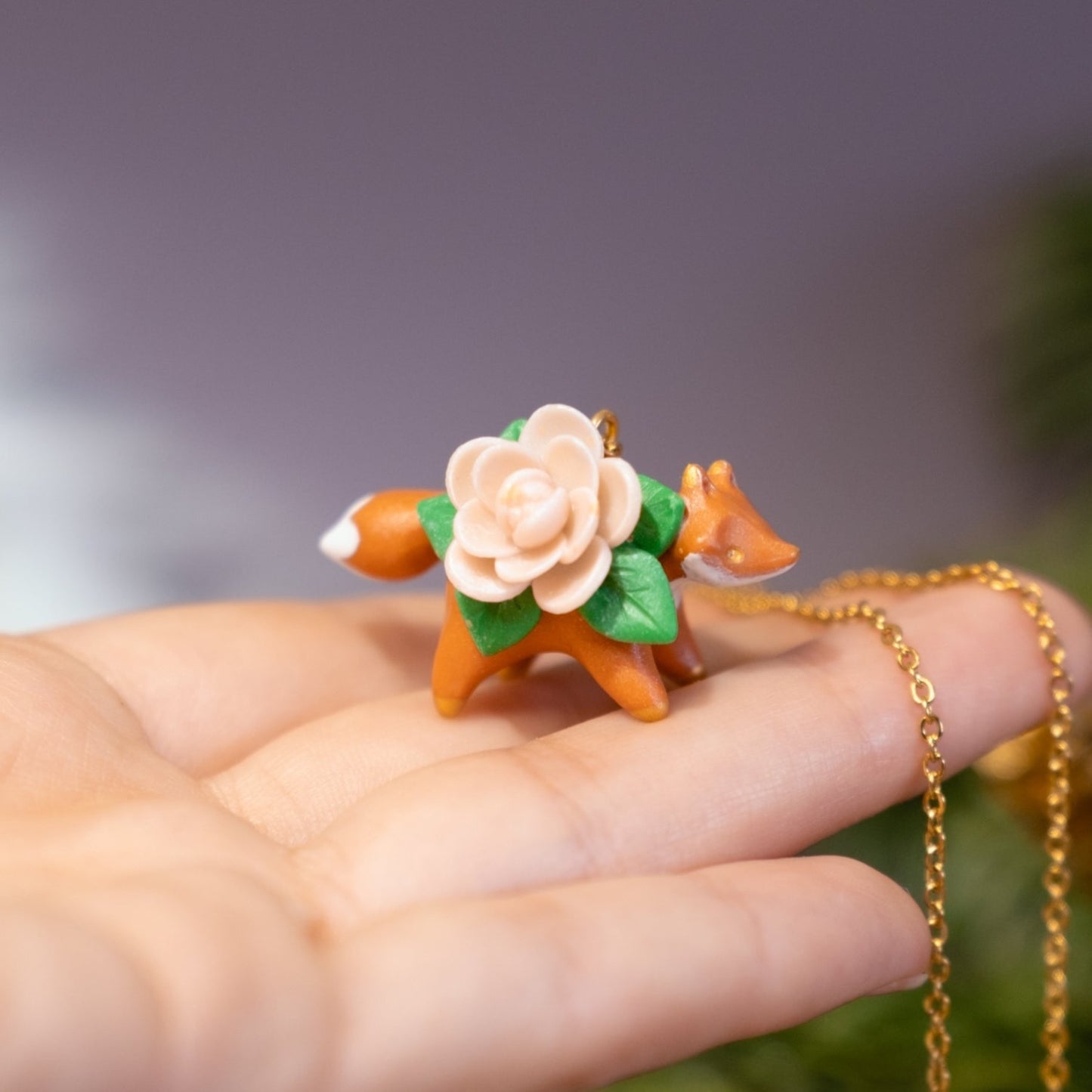 Floral Fox Necklace in Polymer Clay