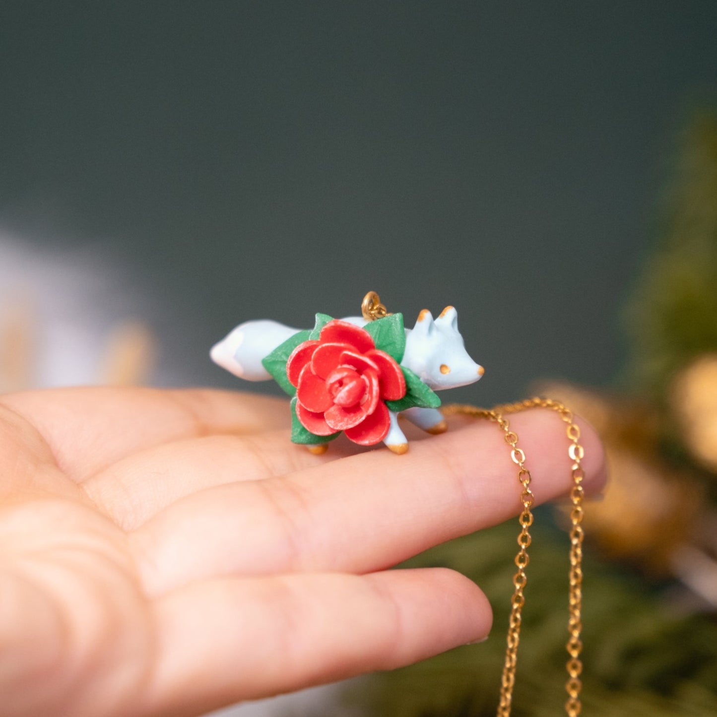 Floral Fox Necklace in Polymer Clay