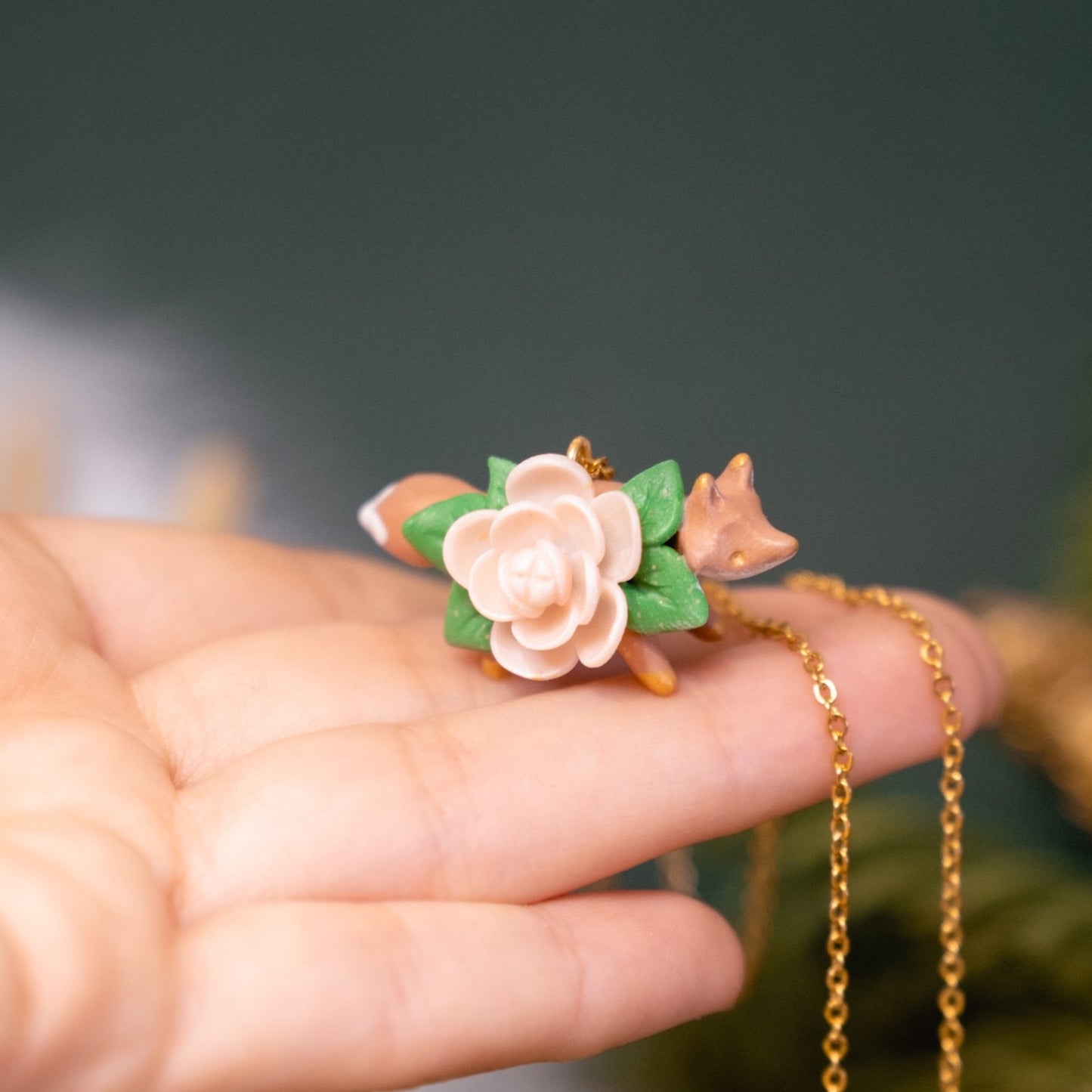 Floral Fox Necklace in Polymer Clay