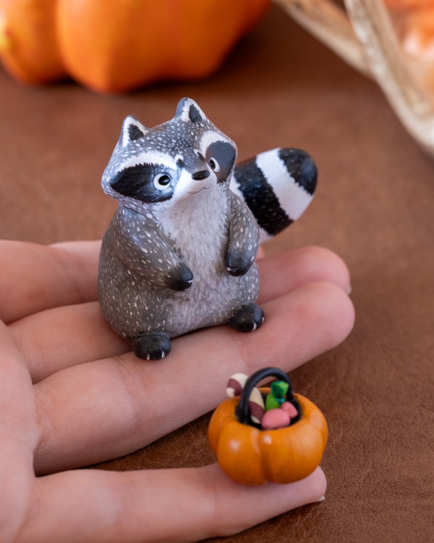 Pumpkin Raccoon Figurine in Polymer Clay