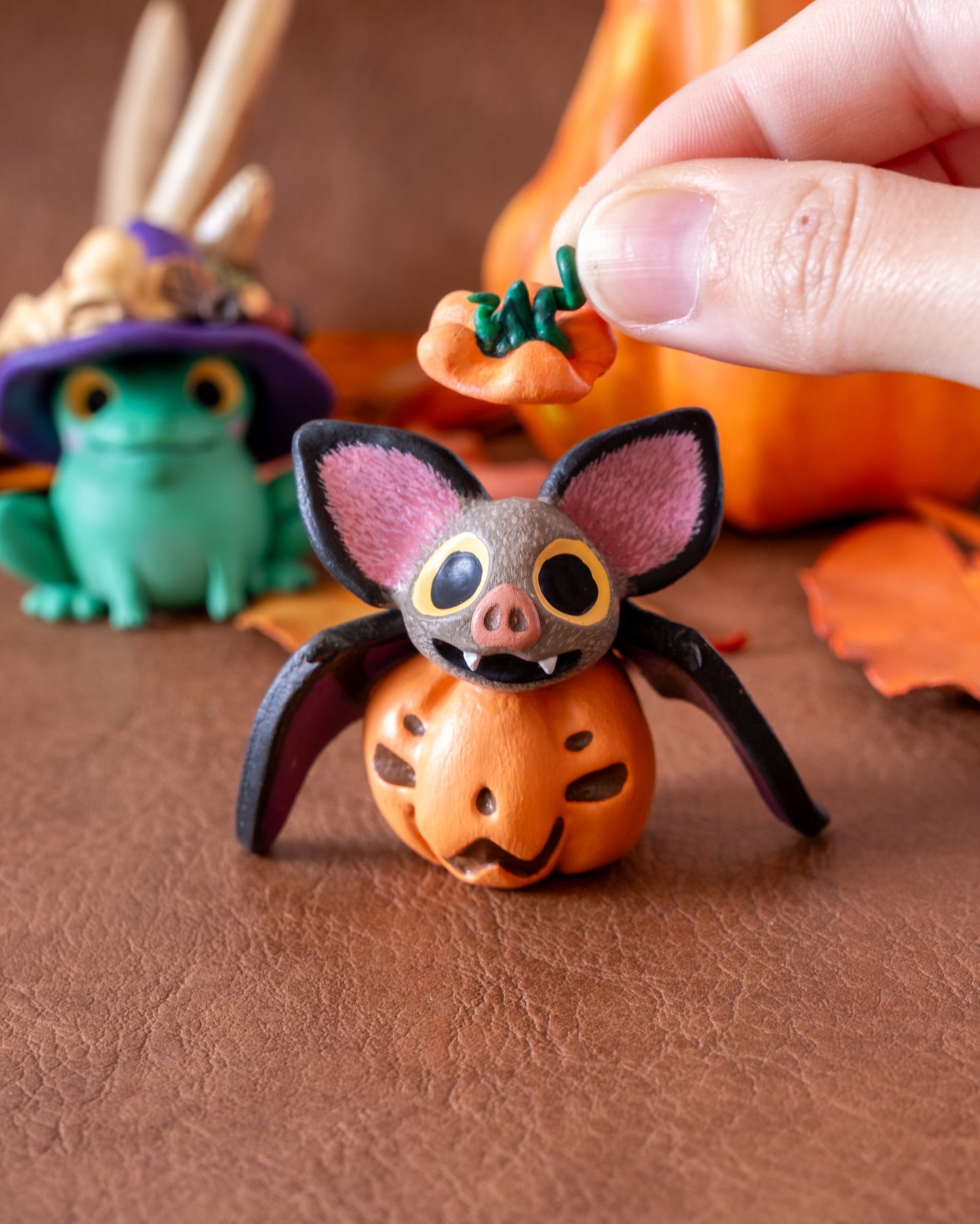 Pumpkin Bat Figurine in Polymer Clay