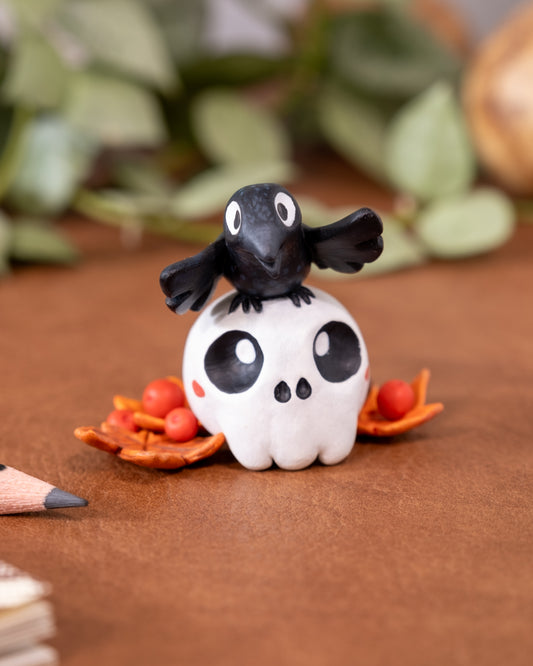 Crow and Skull Figurine in Polymer Clay