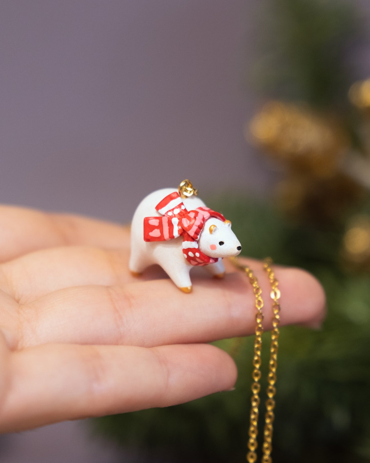 White Bear with Scarf Necklace in Polymer Clay