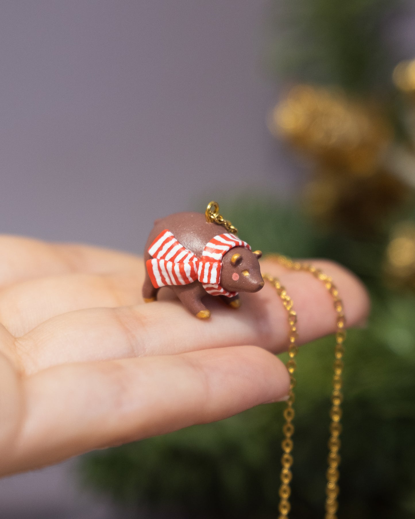 Brown Bear with Scarf Necklace in Polymer Clay