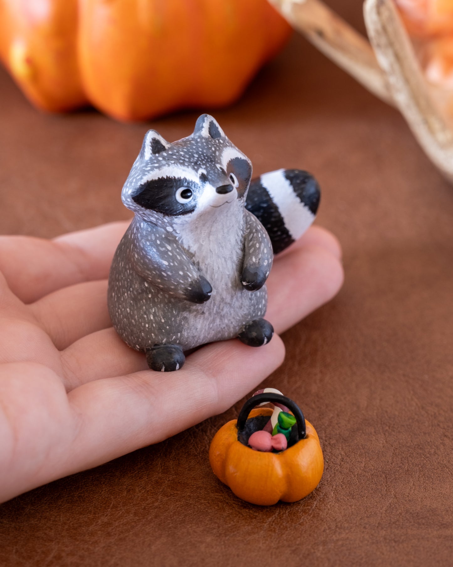 Pumpkin Raccoon Figurine in Polymer Clay