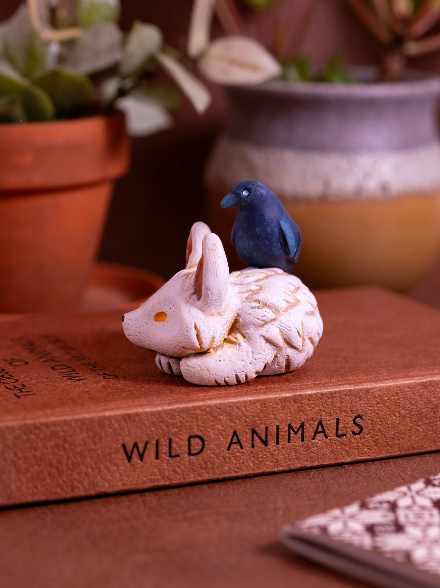 White Wolf and Crow Figurine in Polymer Clay