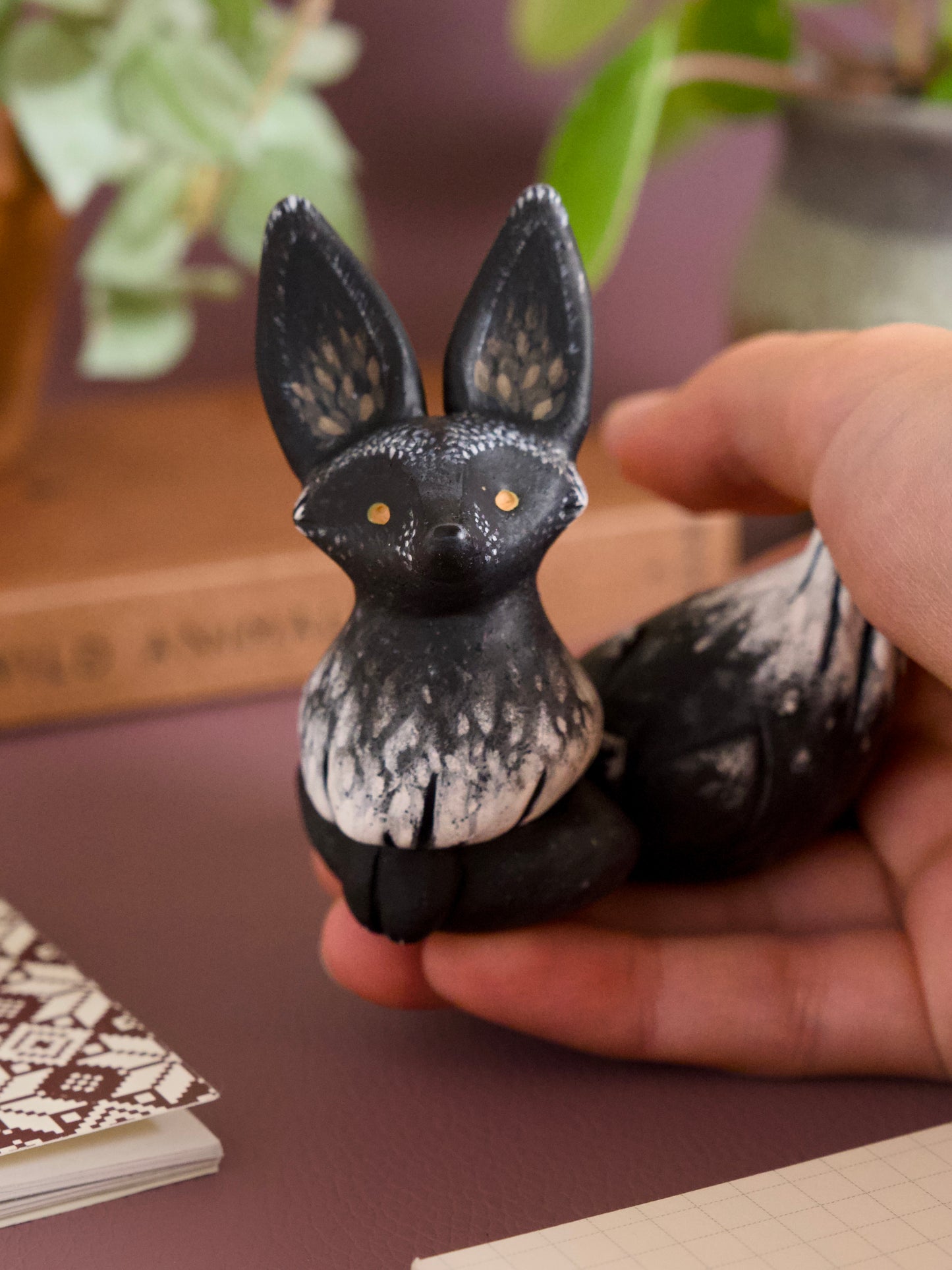 Black Fox Handmade Figurine in Polymer Clay - The Folky Fox