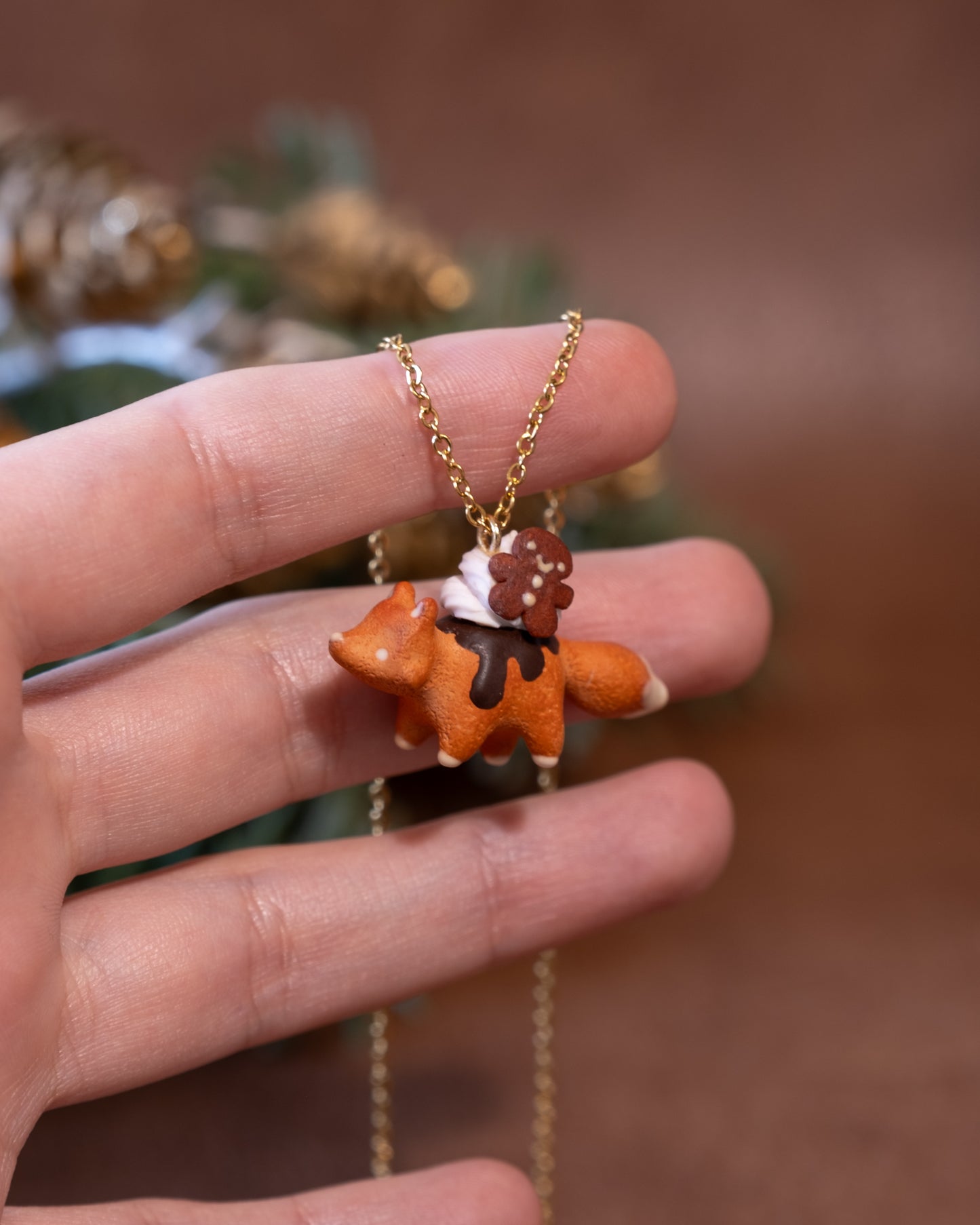 Gingerbread Fox Necklace in Polymer Clay