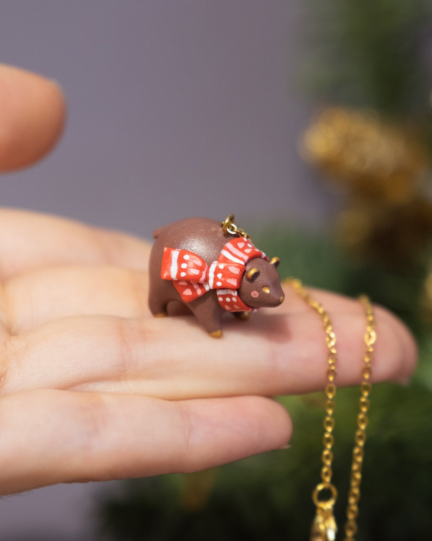 Brown Bear with Scarf Necklace in Polymer Clay