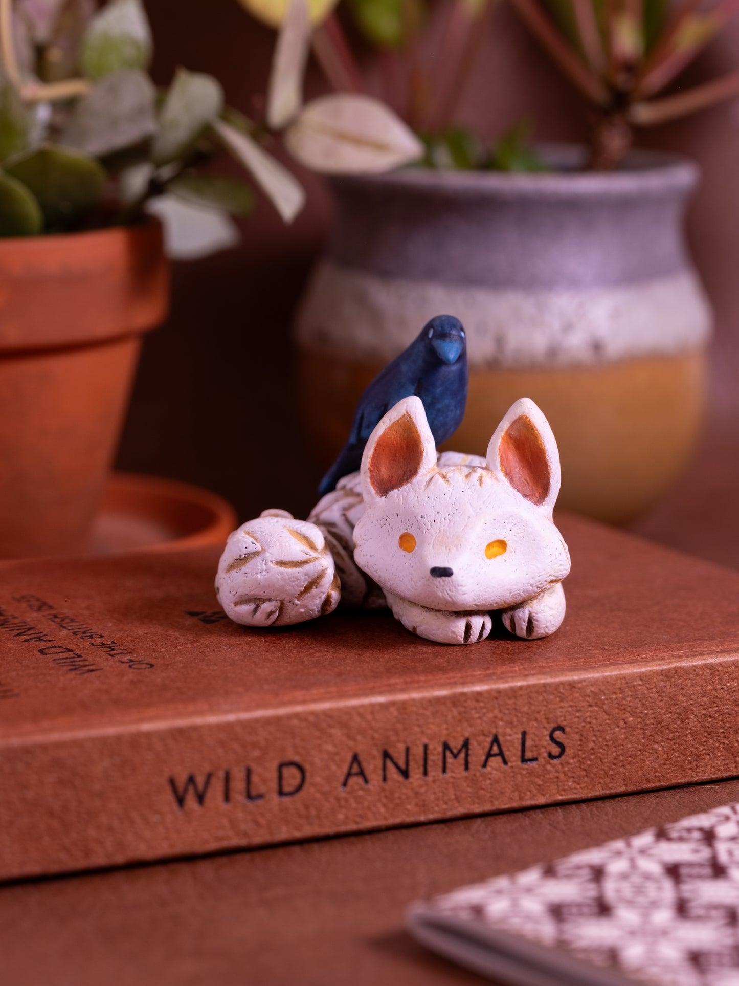 White Wolf and Crow Figurine in Polymer Clay
