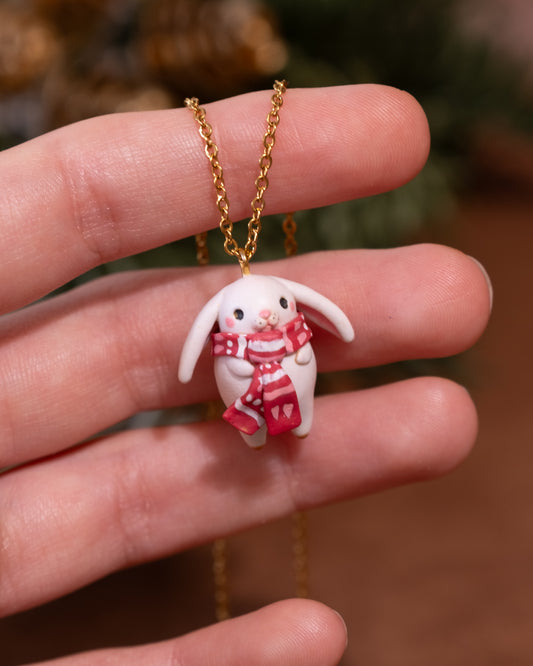White Bunny with Scarf Necklace in Polymer Clay