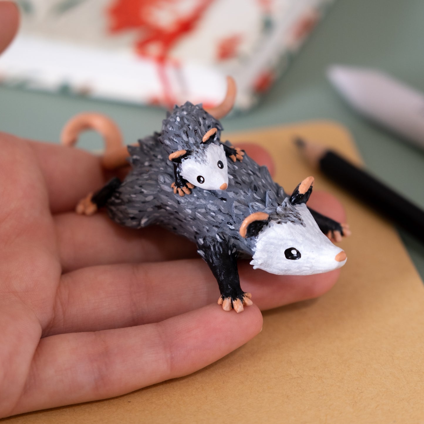 Opossum And Baby Figurine in Polymer Clay