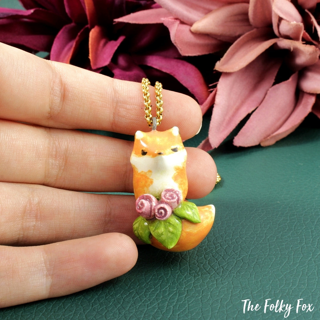 Fox Necklace with Roses in Ceramic - The Folky Fox