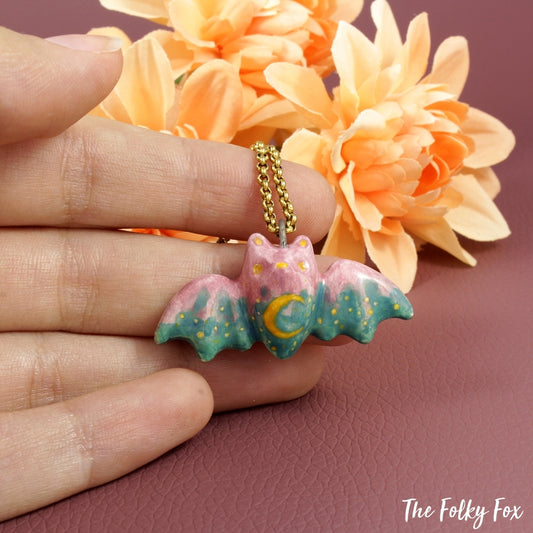 Moon Bat Necklace in Ceramic - The Folky Fox
